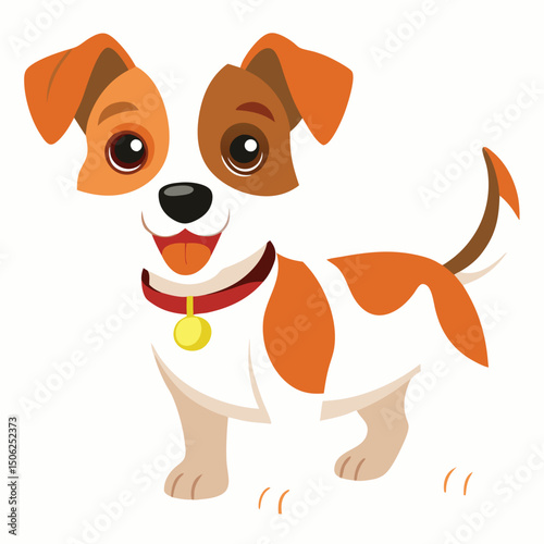 A happy Jack Russell Terrier puppy with brown and white markings and an orange collar stands with its tongue out with white background