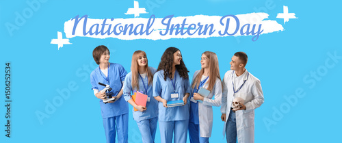 Group of medical students on blue background