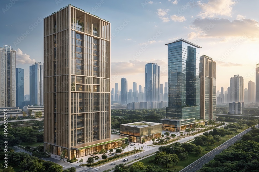 Fototapeta premium Eco-Conscious Office Structures in Chongqing's Tech Parks with Scenic Skyline Views