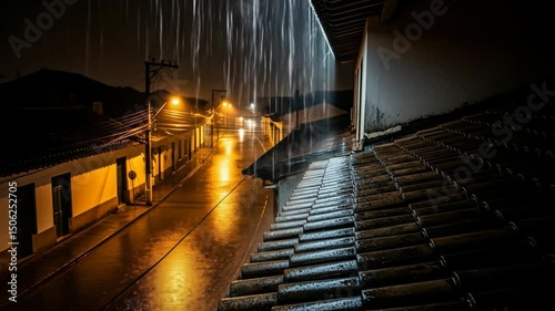 Nighttime rainfall over a historic town reflecting in the wet street surface