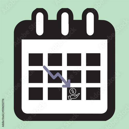 Vector illustration of a calendar with a downward arrow indicating financial loss or decreased income on a specific date. The calendar icon includes a money symbol, , representing a drop in payday