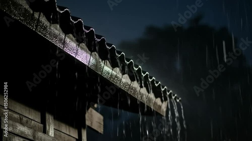 Rain pouring off a corrugated roof in a close-up shot at night with dark sky