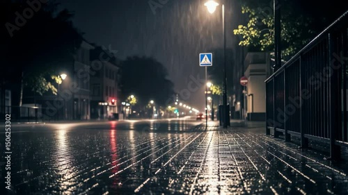 Rainy City Street at Night with Wet Pavement and Glowing Streetlights