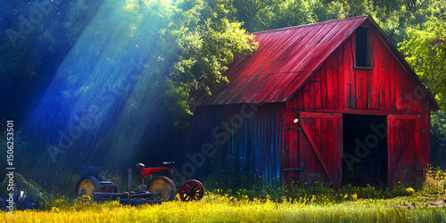 Rustic Red Barn in Colorful Countryside with Tractor