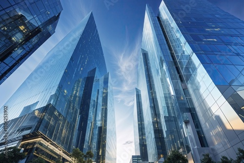 Sleek office complex with shimmering glass cladding and upward perspective, showcasing a vibrant urban setting focused on investment and economic dynamics.
