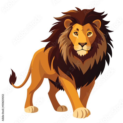 A majestic lion with a full, dark mane walks directly towards the viewer  with white background