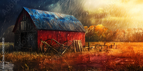 Rustic Red Barn in Colorful Countryside with Tractor