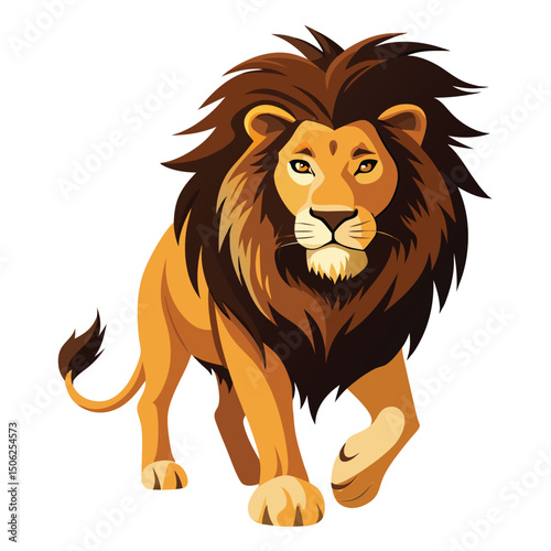 A majestic lion with a full, dark mane walks directly towards the viewer  with white background