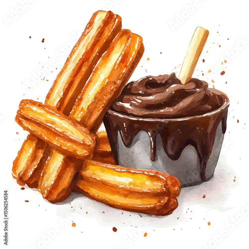 Churros With Chocolate, watercolor illustration vector, high quality, isolated on a white background.