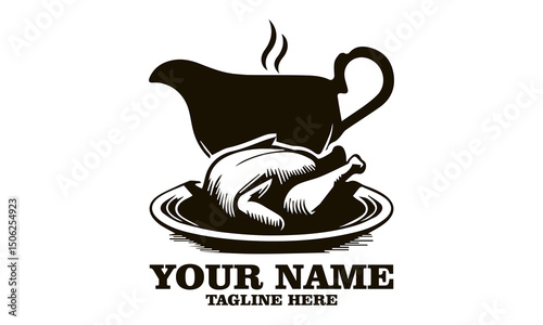 steaming gravy boat and roasted turkey vector illustration, steaming gravy boat and roasted turkey logo design with white background