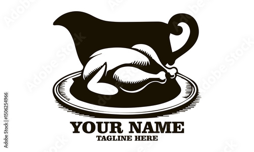 steaming gravy boat and roasted turkey vector illustration, steaming gravy boat and roasted turkey logo design with white background