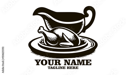 steaming gravy boat and roasted turkey vector illustration, steaming gravy boat and roasted turkey logo design with white background