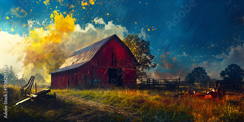 Rustic Red Barn in Colorful Countryside with Tractor