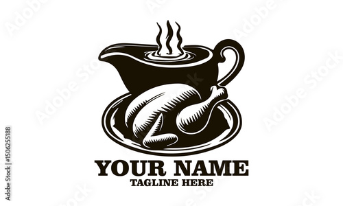 steaming gravy boat and roasted turkey vector illustration, steaming gravy boat and roasted turkey logo design with white background