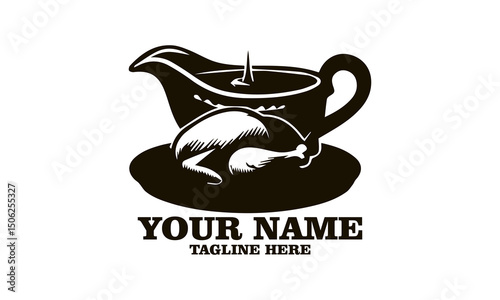 steaming gravy boat and roasted turkey vector illustration, steaming gravy boat and roasted turkey logo design with white background