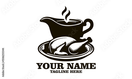 steaming gravy boat and roasted turkey vector illustration, steaming gravy boat and roasted turkey logo design with white background