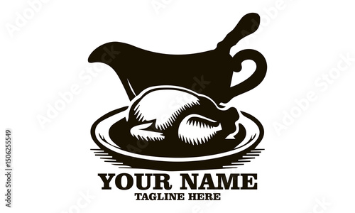 steaming gravy boat and roasted turkey vector illustration, steaming gravy boat and roasted turkey logo design with white background