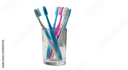 Illustration of Toothbrushes in a Glass with Blue and Pink Bristles against Transparent Background