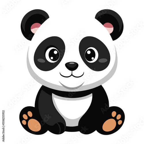 A small, fluffy baby panda with black and white fur sits with its paws tucked in, looking slightly upwards  with white background