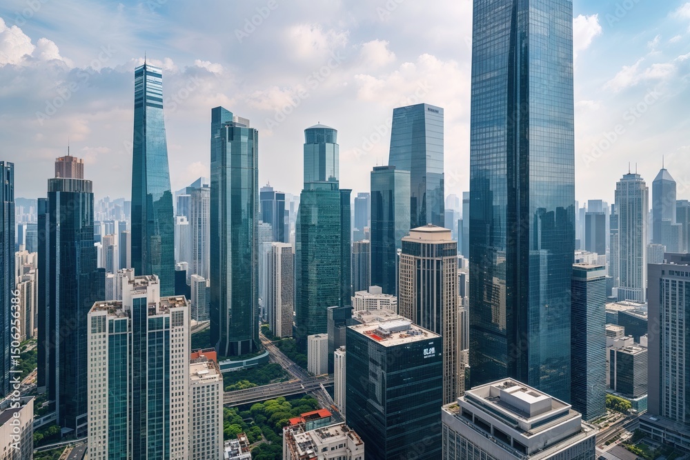 Fototapeta premium Vibrant Financial District Skyline Featuring Business Skyscrapers and Urban Views