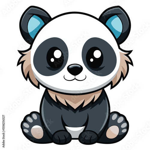 A small, fluffy baby panda with black and white fur sits with its paws tucked in, looking slightly upwards  with white background