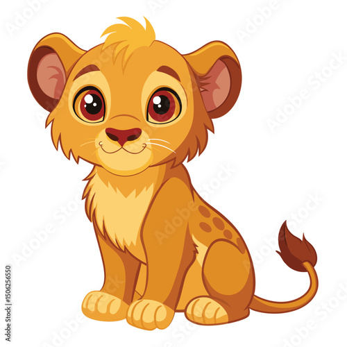 A small, fluffy lion cub with faint spots sits attentively  a white background.
