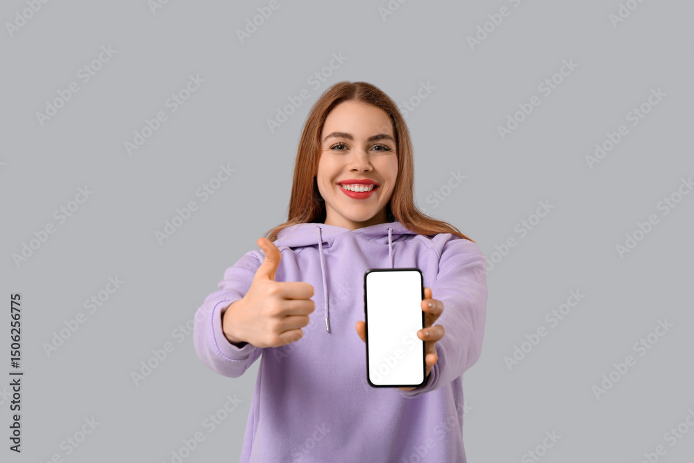 Beautiful woman with mobile phone showing thumb-up gesture on grey background Beautiful woman with mobile phone showing thumb-up gesture on grey background
