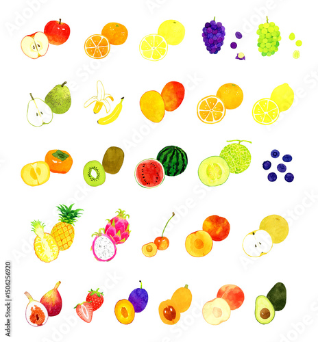 色々なフルーツのセット　手描き水彩イラスト素材集