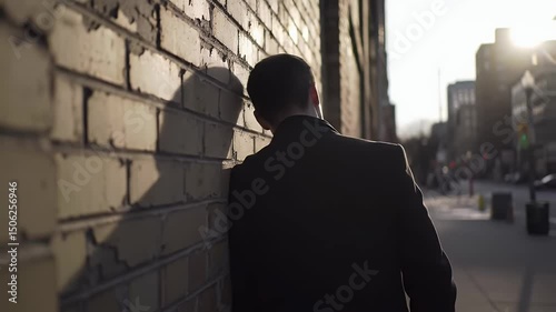Man Standing Against Brick Wall Urban Scene Back View
