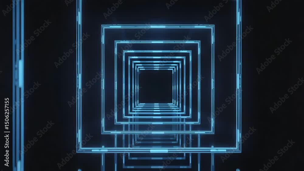 Futuristic Glowing Blue Square Tunnel With Digital Neon Light Frames In Sci Fi Abstract Motion Background Animation