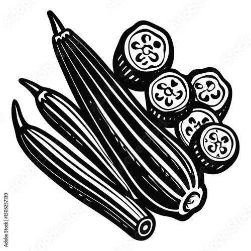 Ladyfinger, Okra Vegetable vector illustration with pieces of vegetable vector