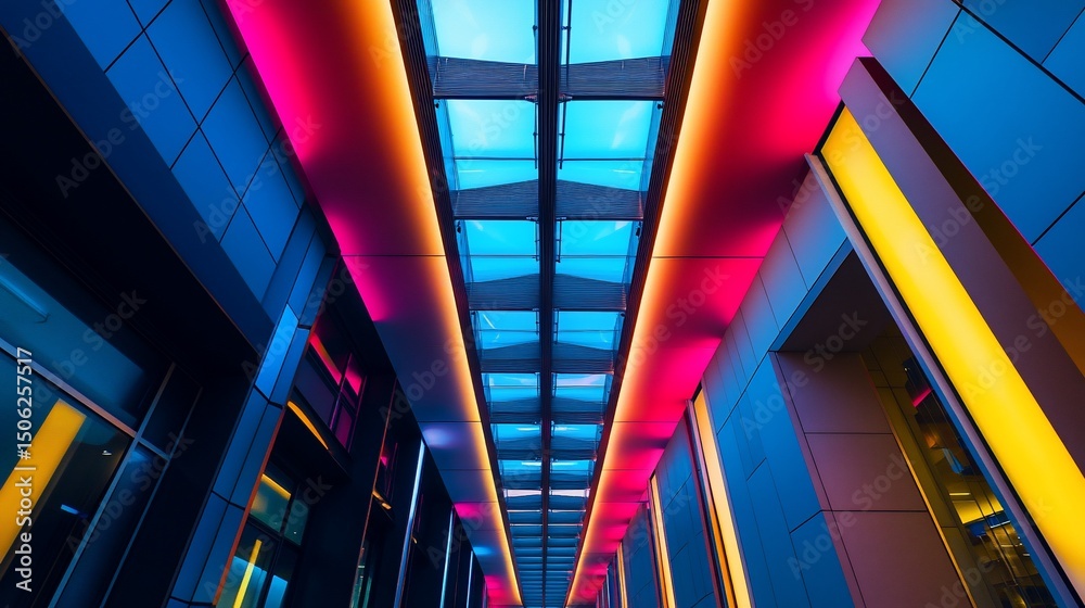Obraz premium Modern architecture with vibrant illumination creating dynamic perspectives