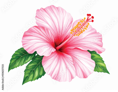 Watercolor Pink Hibiscus Flower with Green Leaves – Tropical Botanical Art