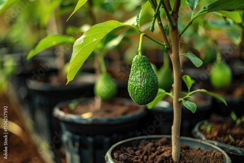 Vibrant Picture of Grafted Avocado Plant in Nursery, Space for Text