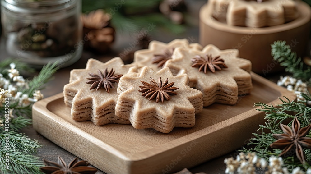 Star anise cookies with wooden tray, and Christmas. Star anise cookies with wooden tray, and Christmas.