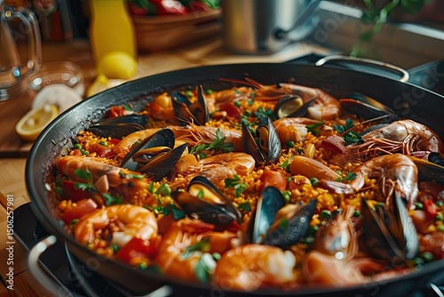 High Quality Picture of Traditional Spanish Seafood Paella for Family Dinner