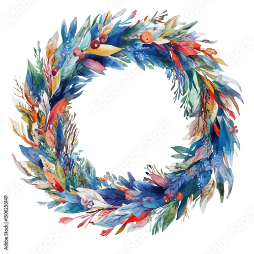 watercolor vector of Christmas Wreath, high quality, isolated on a white background.