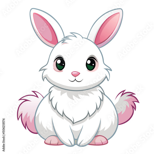 A small, fluffy white rabbit with pink ears sits and appears to be grooming its paws with white background
