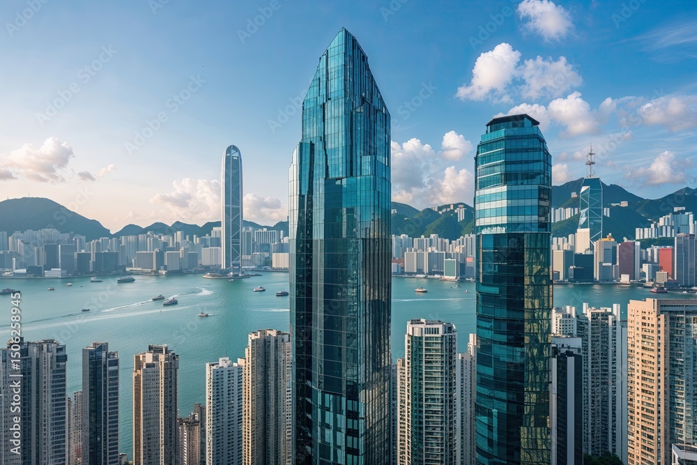 Fototapeta premium Contemporary Skyscraper Office Building in Hong Kong City Skyline