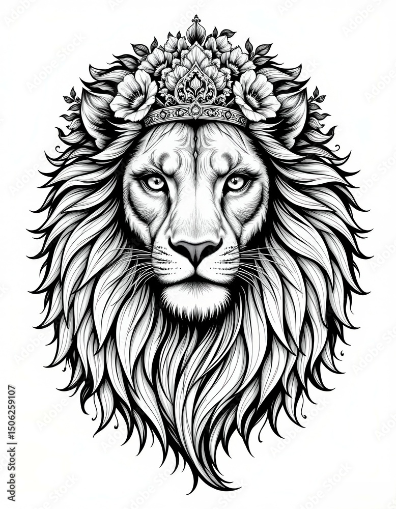 Obraz premium A majestic lion head adorned with a floral crown, intricately drawn in black and white line art.