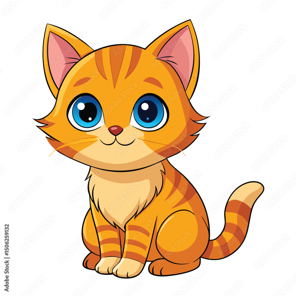Fototapeta premium A small, ginger kitten with striking blue eyes sits looking upwards with a sweet expression with white background