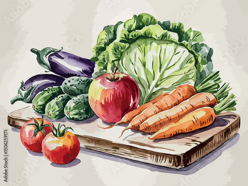 This watercolor illustration depicts a collection of fresh vegetables and a red apple arranged on a wooden cutting board.