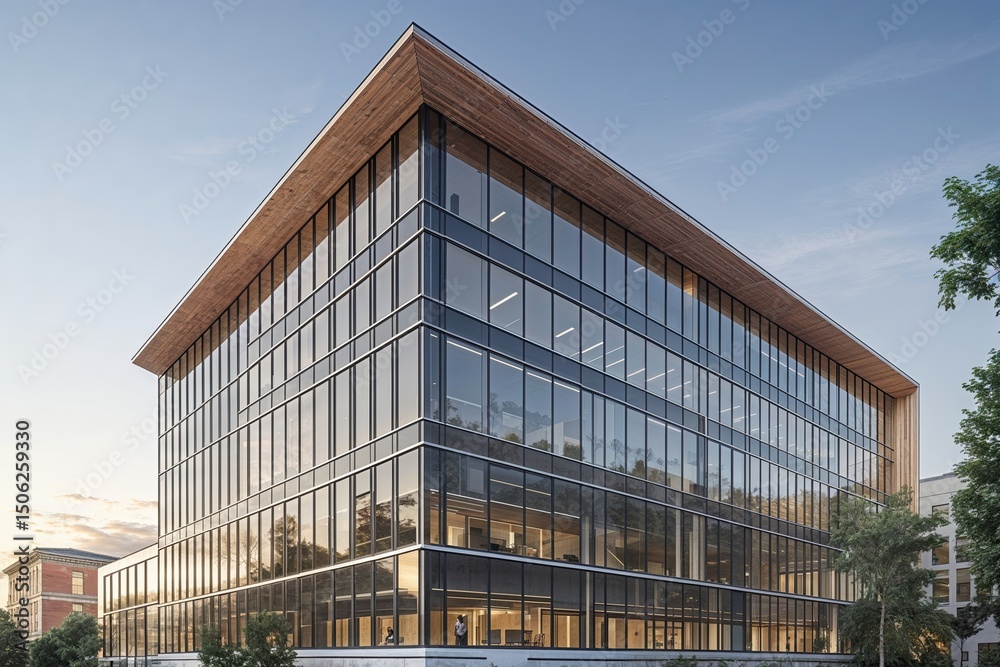 Fototapeta premium Elegant Office Designs Featuring Expansive Windows and Detailed Building Exteriors