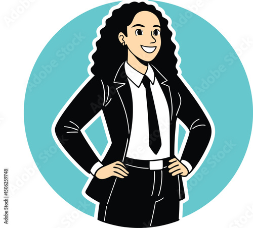 Confident Businesswoman Cartoon Illustration with Hands on Hips and Teal Background
