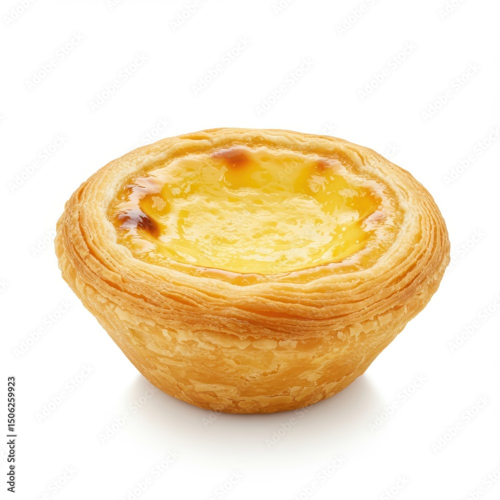 Fototapeta premium Egg custard tart isolated on white background for menu, blog, and recipe illustration.