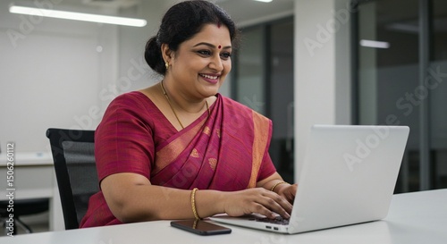 Professional woman in traditional attire working on a laptop with a smile in a modern office setting.