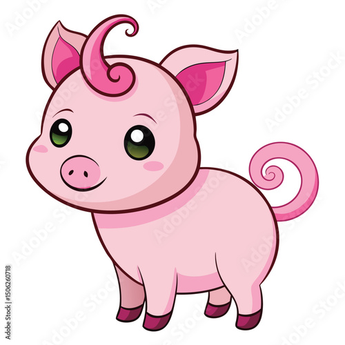 A small, pink piglet with a curly tail stands against a white background, looking to the left with white background
