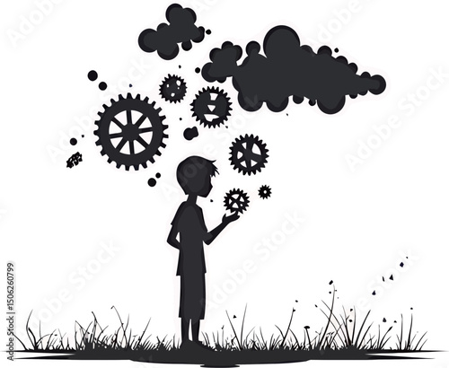A thoughtful boy surrounded by gears and clouds, symbolizing creativity and imagination.