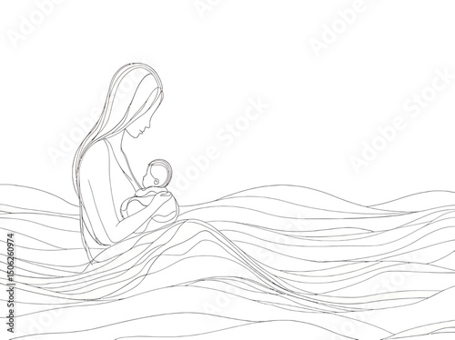 A serene illustration of a mother tenderly holding her baby amidst gentle waves.