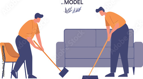 Two men tidying up a living room, showcasing teamwork and home maintenance.
